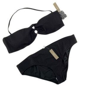 J. Crew Black Heritage Textured O-Ring Bandeau Bikini Top Bottom Set Size 2X NWT